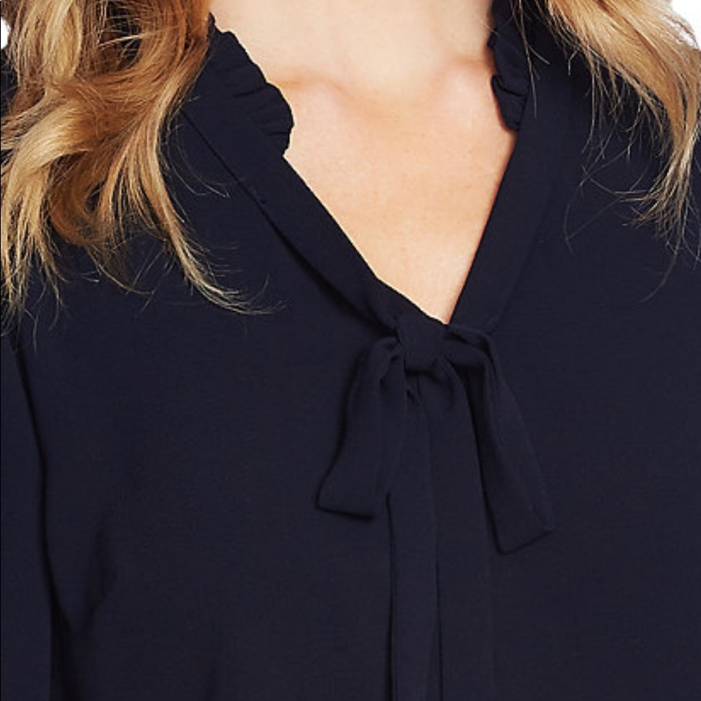 CeCe Navy Bow Tie Short Sleeve Blouse - Picture 2 of 3